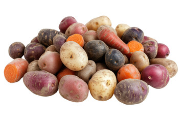 Obraz premium A vibrant assortment of colorful potatoes and carrots arranged in a pile, showcasing variety and freshness.