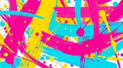 Abstract image showing a chaotic interplay of bold strokes and splatters in bright, saturated colors like fuchsia, golden yellow, and turquoise.  A dynamic and energetic composition