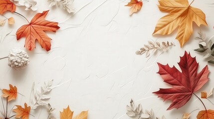 white backdrop featuring textured autumn leaves and plant illustrations, evoking a classic paper style