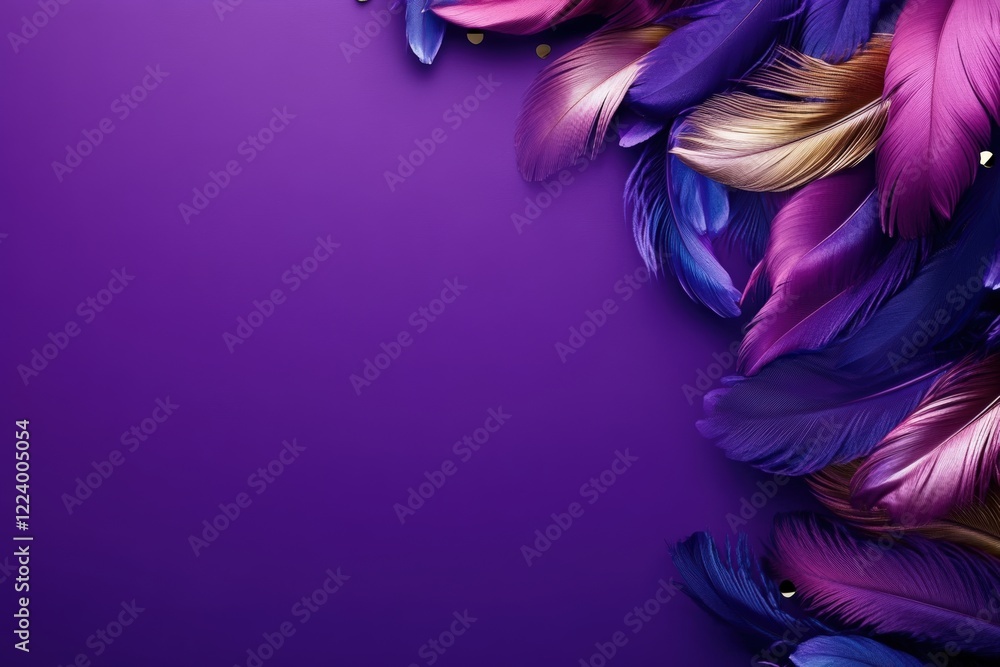 Poster colorful feathers in vibrant shades of purple on a smooth background, creating a visually captivatin