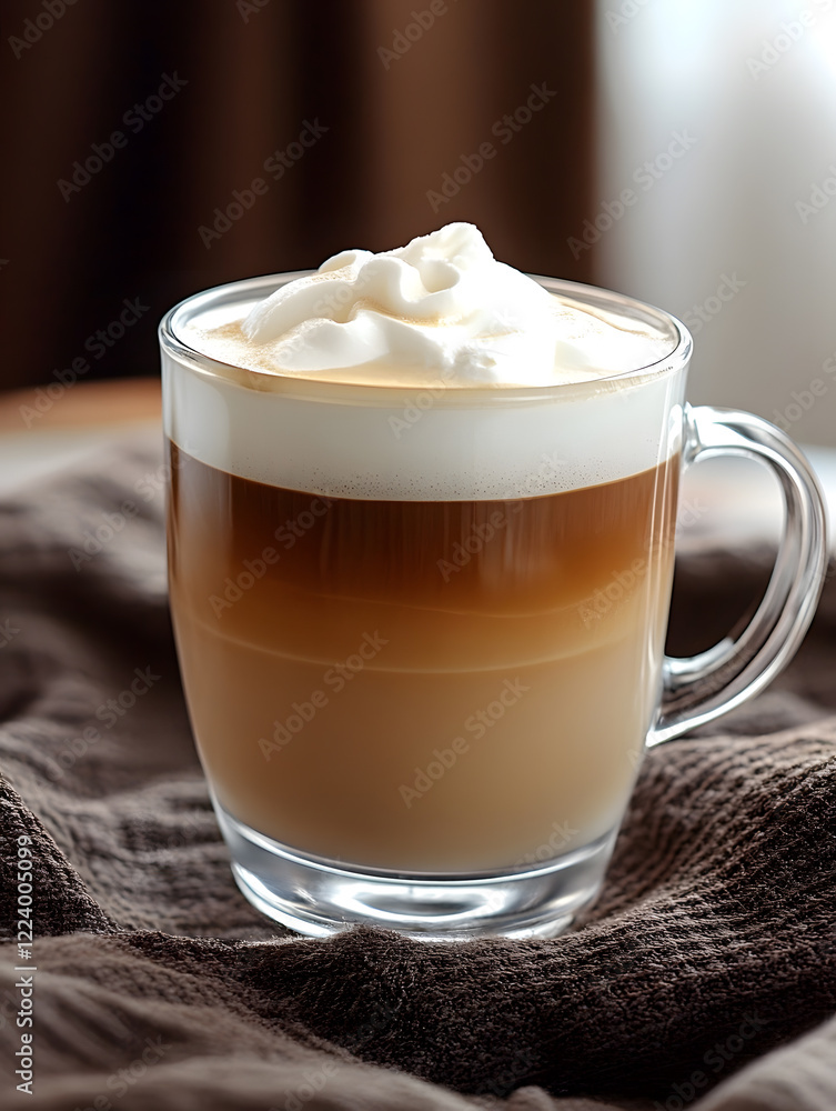 Poster elegant glass mug with layers of latte coffee and creamy froth on cozy sofa : generative ai