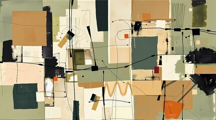 Abstract mixed media artwork incorporating collage elements, acrylic paint, and graphite, showing a chaotic yet balanced composition, in muted greens and browns, with visible texture and layer