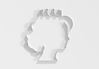 Profile view silhouette of a princess or queen. Cute girl portrait. Fashion branding emblem. 3D render