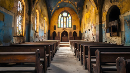 Obraz premium Abandoned Gothic Church With Weathered Interior And Wooden Pews : Generative AI