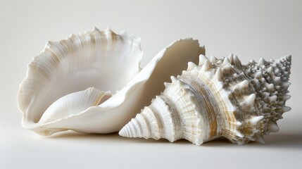 conch shell alongside a clam, emphasizing the natural elegance and intricate details of these marine creatures