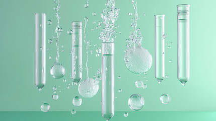 Hyper realistic photo of laboratory test tubes with bubbles and water droplets. vibrant green background enhances scientific atmosphere