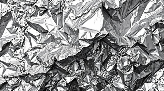 Abstract photograph of a crumpled piece of metallic foil, high contrast black and white, emphasizing the texture and reflectivity of the material, intricate details highlighted.jpg