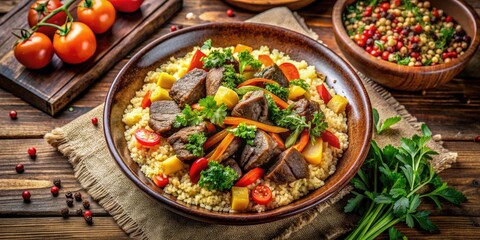 Fototapeta premium Exquisite Drone Photography of a Rich Couscous Bowl with Slow-Cooked Lamb and Colorful Vegetables for Food Lovers and Culinary Enthusiasts