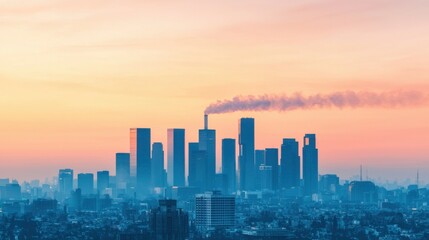 Fototapeta premium PM2.5 protect concept. Dramatic Cityscape at Sunset with Visible Urban Air Pollution