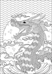 Dragon in water waves Beautiful adult coloring book White and black Vector