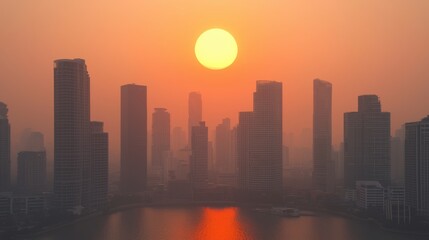 Fototapeta premium PM2.5 protect concept. Hazy Sunset Over a Sprawling City Skyline with Skyscrapers