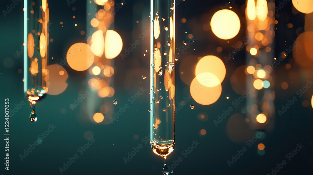 Poster laboratory test tubes with droplets, illuminated by soft bokeh lights, create captivating atmosphere