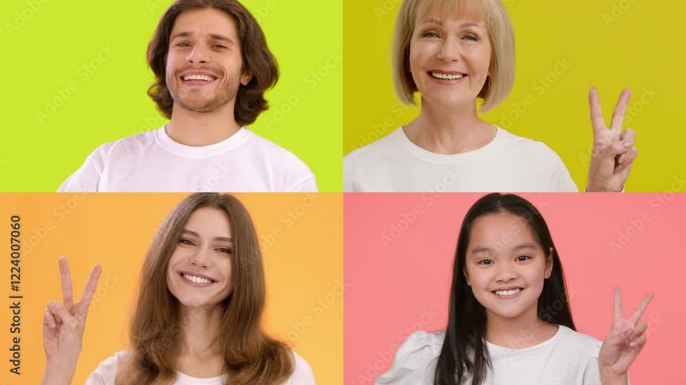 Aufkleber a collection of four individuals from different backgrounds sharing peace signs, showcasing joy and 