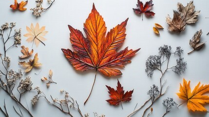 autumn leaf and plant art on a white canvas, highlighting the rich colors of the fall season