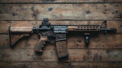 Camouflaged rifle on wooden surface