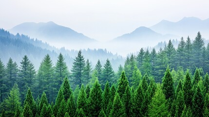 Obraz premium PM2.5 protect concept. Misty Mountain Landscape with Towering Pine Forest Shrouded in Ethereal Fog