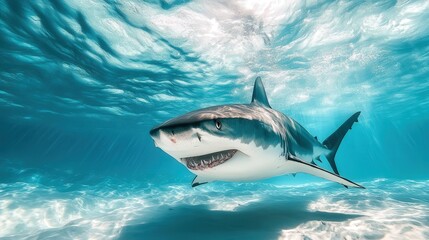 depiction of a shark underwater, showcasing its powerful build and natural movement with a pristine white backdrop