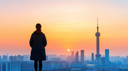 Fototapeta premium PM2.5 protect concept. Silhouetted Skyscrapers Against a Vibrant Sunset Skyline of a Modern Metropolis