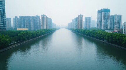 Fototapeta premium PM2.5 protect concept. Smoggy Skyline Reflects in Polluted River Flowing Through Towering Metropolis