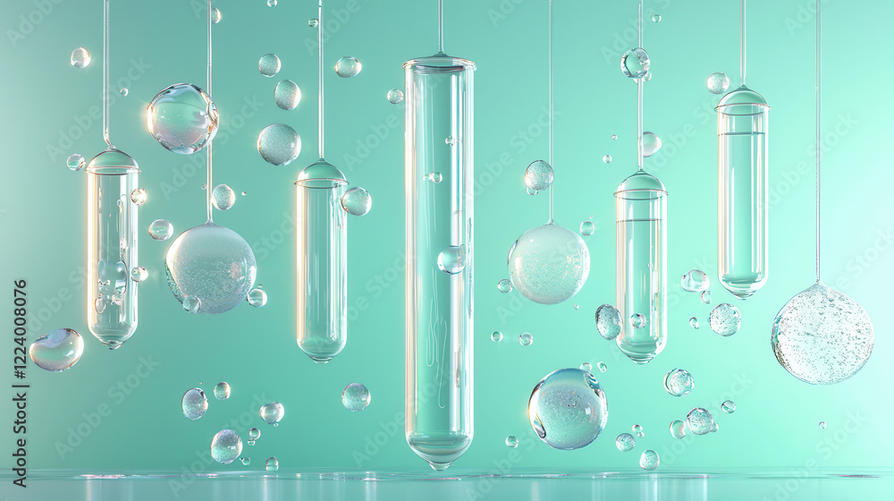 Poster hyper realistic photo of laboratory test tubes and bubbles in serene setting. glassware reflects lig