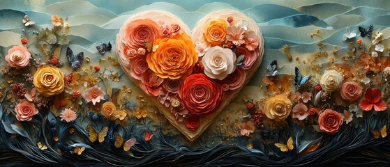 Fototapeta premium Vibrant Floral Heart Design with Butterflies and Colorful Blooms