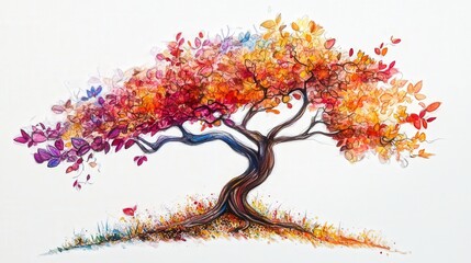 drawing of an autumn tree with colorful leaves and plant life set against a bright white backdrop