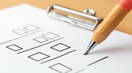 Pen and Paper Checklist with Blue Clip on Wooden Surface