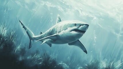 Fototapeta premium illustration of a shark in its natural underwater environment, highlighting its powerful build and elegant design against a white canvas