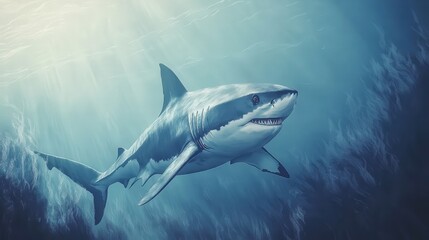Fototapeta premium illustration of a shark in its natural underwater environment, highlighting its powerful build and elegant design against a white canvas