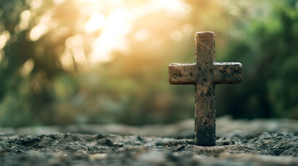 Old Stone Cross in Tranquil Natural Setting at Dawn : Generative AI