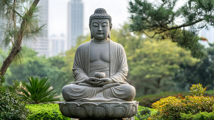 Buddha Statue in Zen Garden Offers Serenity and Tranquility Amidst Urban Landscape and Nature : Generative AI