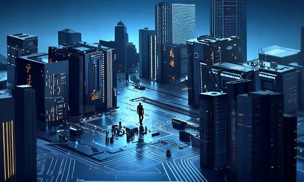 Futuristic city circuit board; person explores; glowing buildings; tech background; website banner