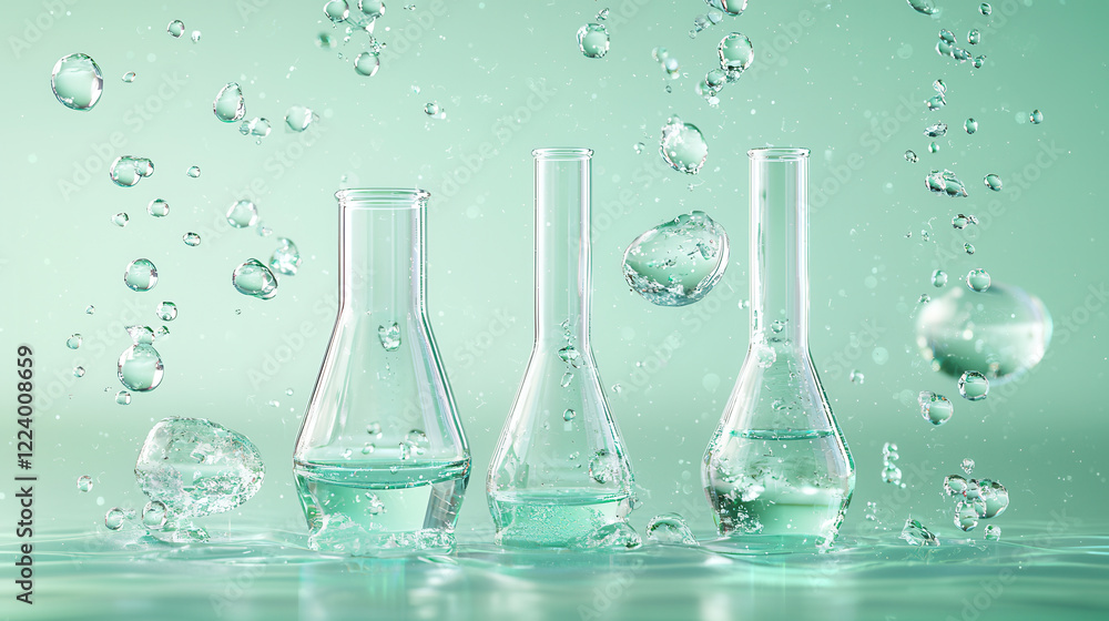 Poster hyper realistic photo of laboratory test tubes with water and bubbles, creating refreshing atmospher