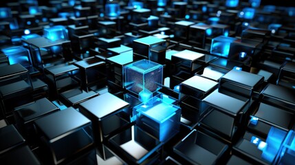 Fototapeta premium Abstract Digital Cubes: Glowing Blue in Dark Metallic