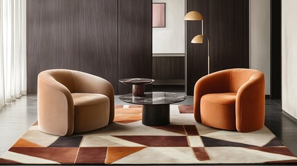 Modern Living Room with Two Armchairs and Geometric Rug