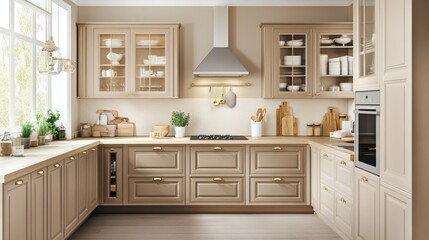 Beige kitchen, corner design, sunlight, cabinetry, cooking