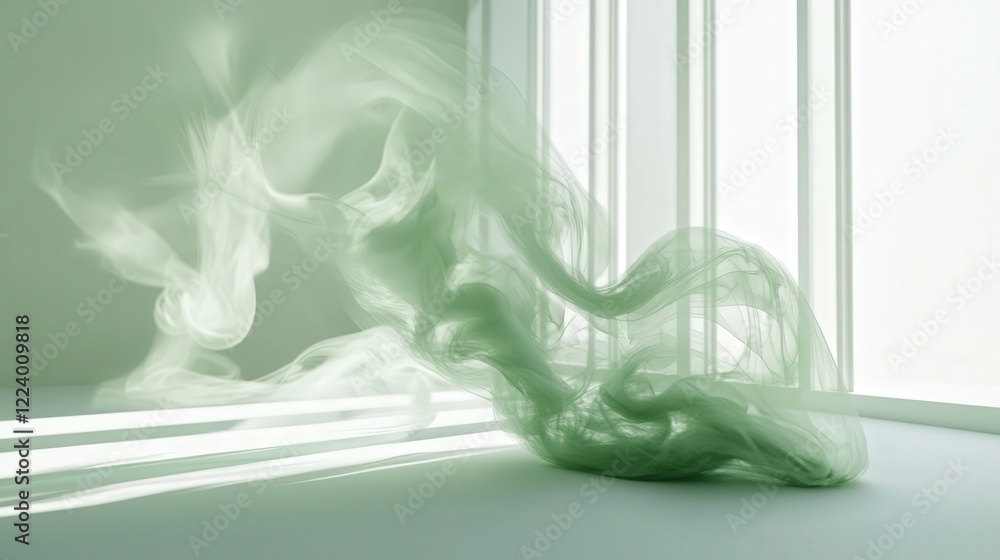 Poster white surface displaying green mystical smoke transforming into dynamic flame patterns, adding a mag