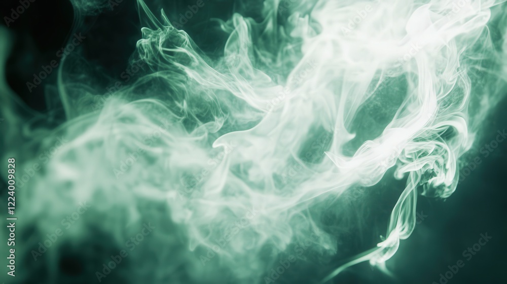 Poster white surface displaying green mystical smoke transforming into dynamic flame patterns, adding a mag