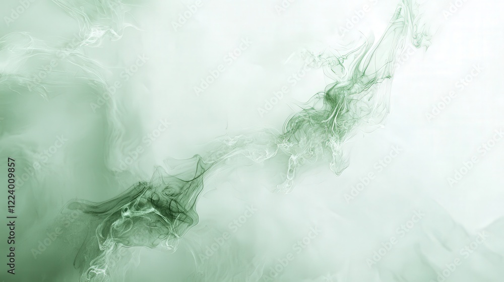 Poster white surface displaying green mystical smoke transforming into dynamic flame patterns, adding a mag