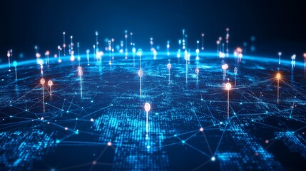 Global business network with glowing nodes and lines, symbolizing modern corporate connectivity and innovation.