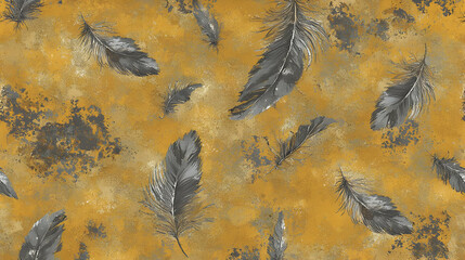 Gray feathers fall on golden textured background