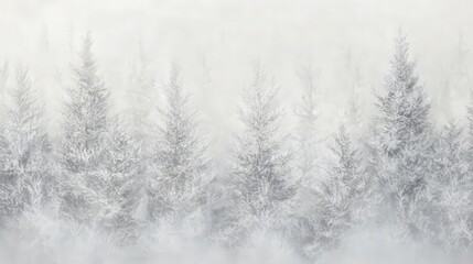 misty evergreen forest, capturing the serene and tranquil mood of the trees enveloped in gentle fog