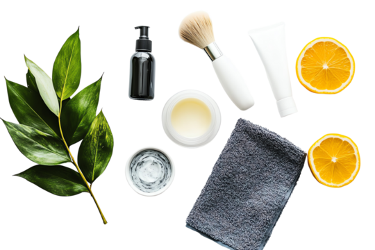 Flat lay of skincare products, natural ingredients, and a towel, emphasizing beauty routine and self-care.