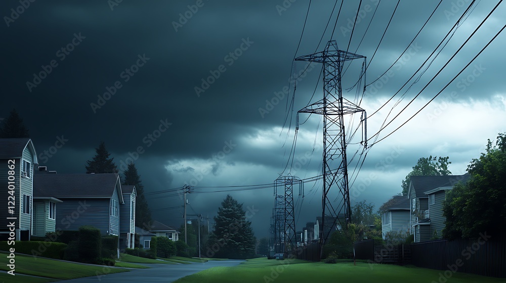 Poster large suburban electricity station with transformers and power lines extending into the distance, we