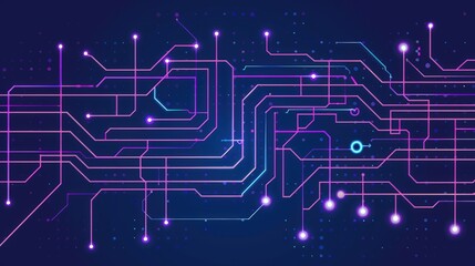 Obraz premium Abstract Circuit Board Design: Neon Pink and Purple Lines on Dark Blue Background