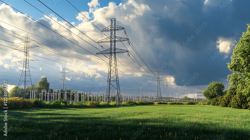 Poster large suburban electricity station with transformers and power lines extending into the distance, we