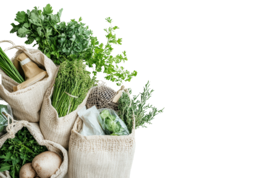 Fresh herbs and vegetables in eco-friendly bags, showcasing a commitment to sustainable living and healthy food choices on a white isolate background.