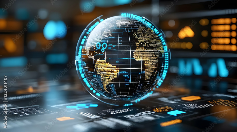 Poster global network data visualization, server room background