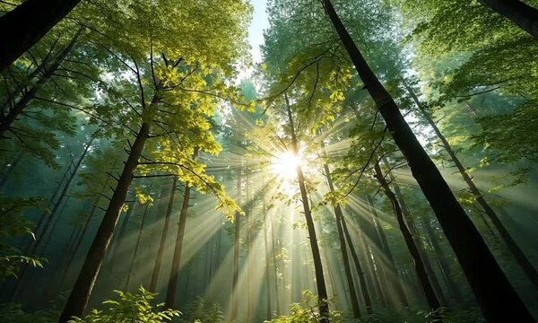 Sunbeams illuminate a misty forest path, creating a magical scene.