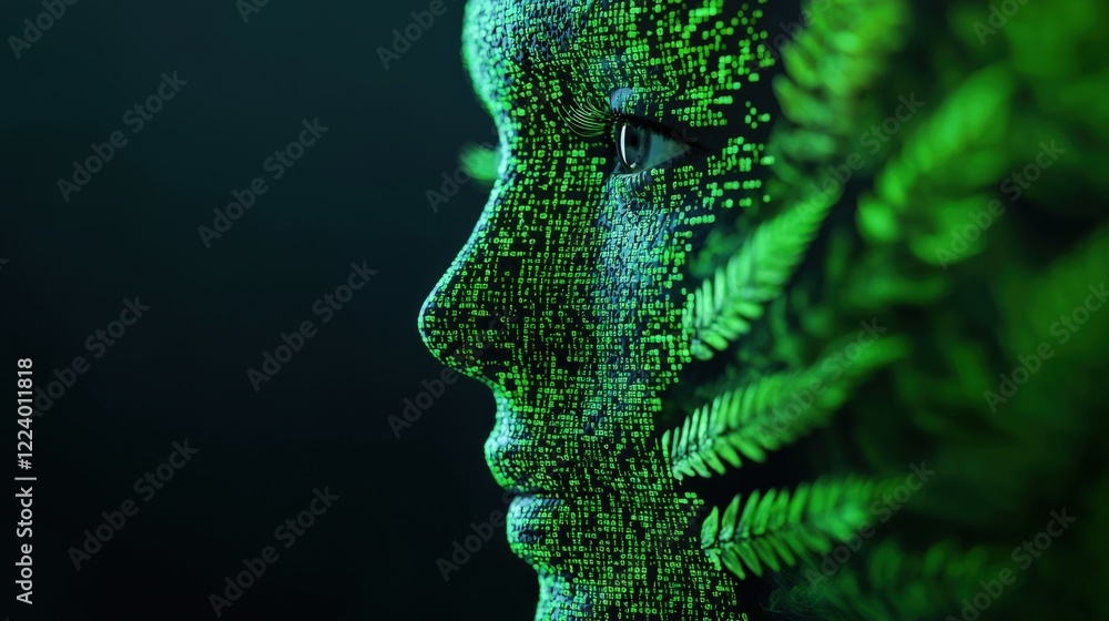 Poster futuristic green face with digital patterns and nature elements in a dark background